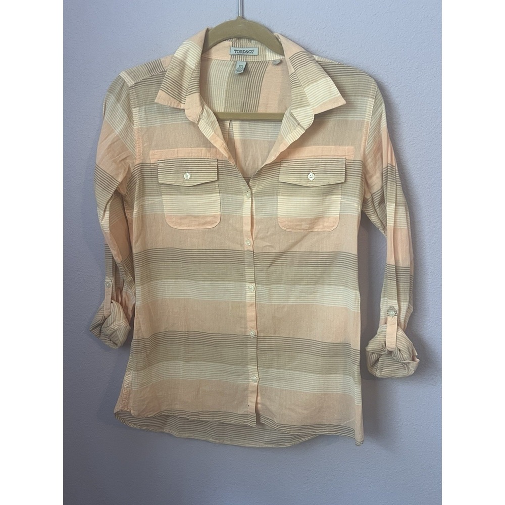 Toad & Co Peach Stripe Button Up Rolled Tab Sleeve Organic Cotton Top Blouse XS